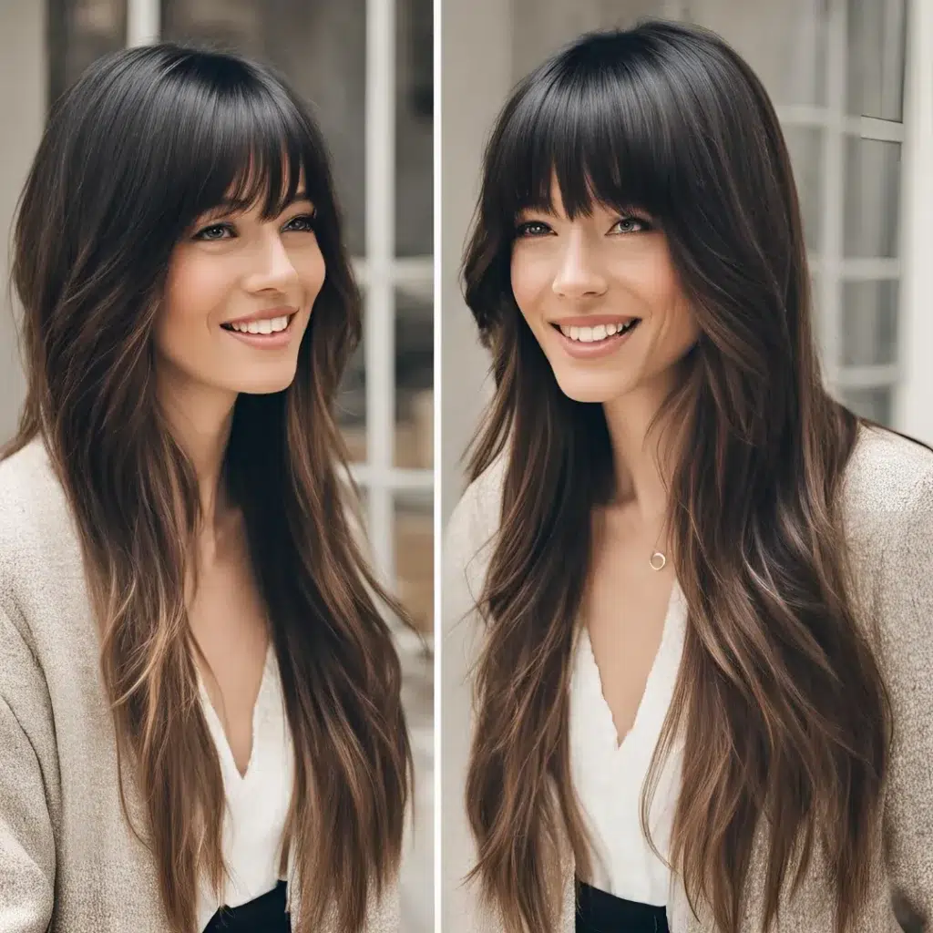 long layered hair with bangs